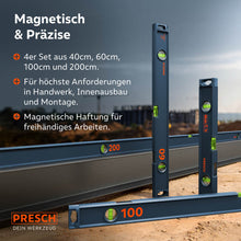Die vier magnetischen Wasserwaagen des Sets werden auf einer Baustelle an einem Stahlträger und im Sand präsentiert, um ihre starke Haftung und professionelle Eignung für Metallbau und Montage zu verdeutlichen.