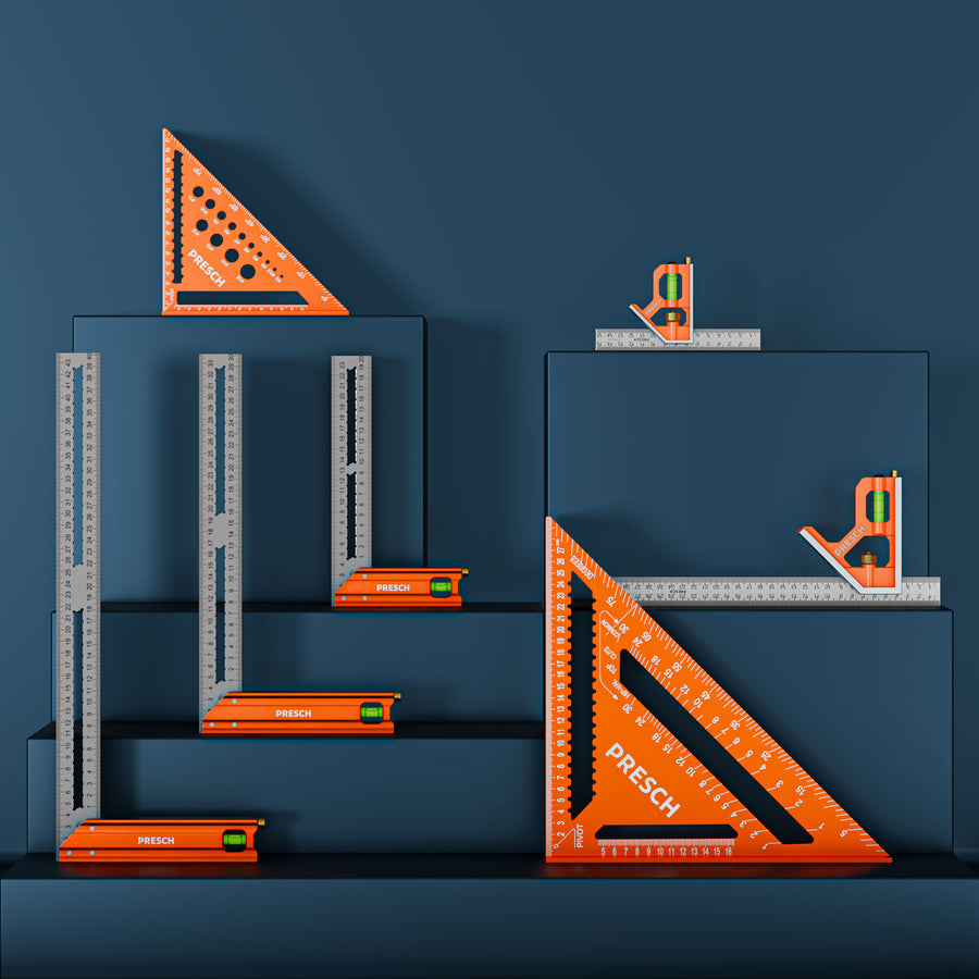 PRESCH Winkel Sparset: sieben Winkel und Messwerkzeuge pyramidenförmig gestaffelt präsentiert.