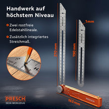 PRESCH Winkelschmiege aus Edelstahl für präzise Messungen und Markierungen, inklusive integriertem Streichmaß und Linealfunktion..