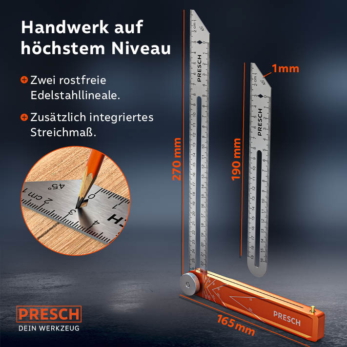 PRESCH équerre d'angle en acier inoxydable pour des mesures et des marquages précis, avec un calibre de traçage intégré et une fonction règle.