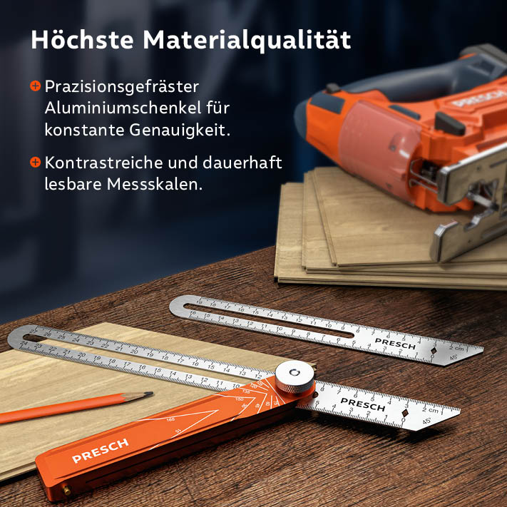 PRESCH équerre d'angle en aluminium avec des branches usinées de précision et des échelles de mesure clairement lisibles sur un établi.