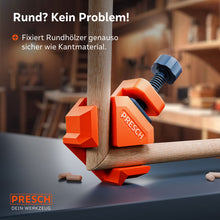 Vielseitigkeit: Ein Winkelspanner fixiert zwei Rundhölzer in einer stabilen 90°-Verbindung. Die Konstruktion sichert Rundmaterial genauso zuverlässig wie Kantmaterial.