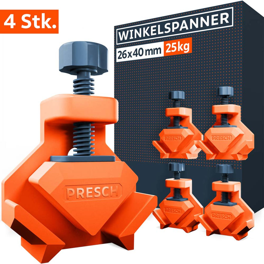 PRESCH Winkelspanner 4er Set für exakte 90°-Verbindungen. Vier robuste, orangefarbene Eckspanner mit einer Spannkraft von je 25kg werden vor der Produktverpackung präsentiert. Ideal für Gehrungsverbindungen und den Möbelbau.