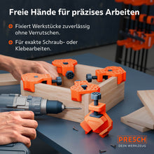 Montage-Szene: Während die Winkelspanner eine Holzbox stabil zusammenhalten, wird ein Akkuschrauber zum Verschrauben der Seitenwände genutzt. Verhindert Verrutschen bei exakten Klebe- oder Schraubarbeiten.