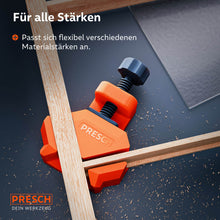 Draufsicht auf den Spannmechanismus: Der Winkelspanner passt sich flexibel verschiedenen Materialstärken an und überbrückt mühelos auch breitere Werkstücke, hier dargestellt an zwei über Kreuz liegenden Holzleisten.