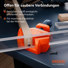 Funktionale Detailansicht: Die offene Bauweise des Eckspanners ermöglicht den seitlichen Zugriff mit dem Akkuschrauber, um Werkstücke direkt im gespannten Zustand effizient zu verschrauben.