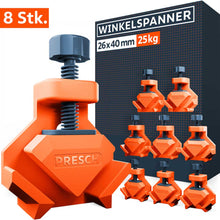 PRESCH Winkelspanner 8er Set für exakte 90°-Verbindungen. Acht robuste, orangefarbene Eckspanner mit einer Spannkraft von je 25kg werden vor der Produktverpackung präsentiert. Ideal für Gehrungsverbindungen und den Möbelbau.