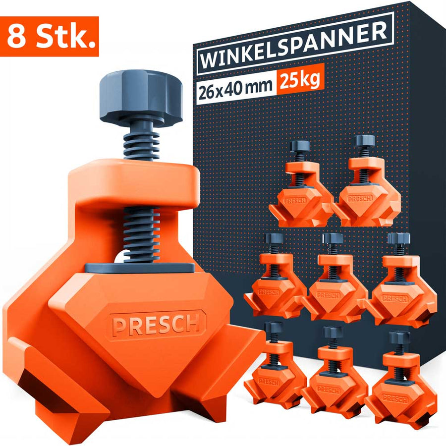 PRESCH Winkelspanner 8er Set für exakte 90°-Verbindungen. Acht robuste, orangefarbene Eckspanner mit einer Spannkraft von je 25kg werden vor der Produktverpackung präsentiert. Ideal für Gehrungsverbindungen und den Möbelbau.