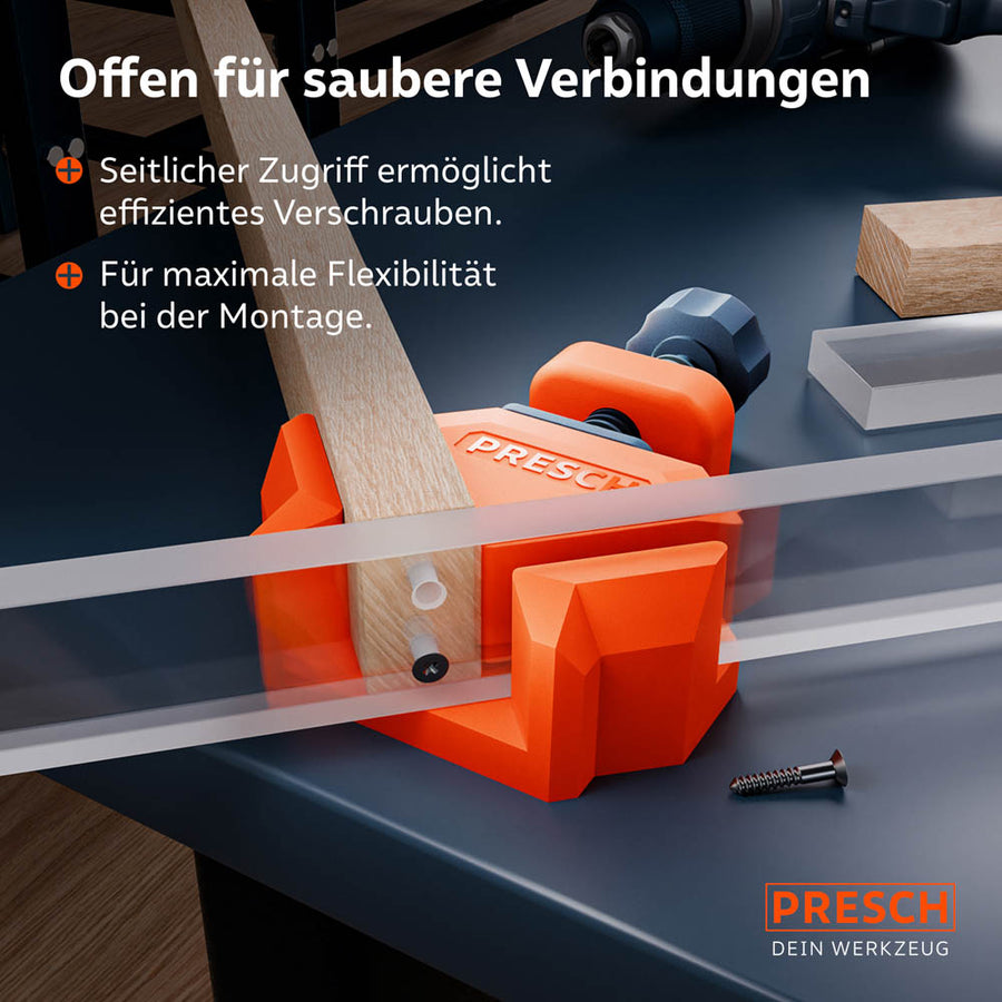 Funktionale Detailansicht: Die offene Bauweise des Eckspanners ermöglicht den seitlichen Zugriff mit dem Akkuschrauber, um Werkstücke direkt im gespannten Zustand effizient zu verschrauben.