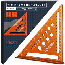 Orangefarbener PRESCH Zimmermannswinkel 180mm aus rostfreiem Aluminium mit integrierter Bohrlehre (Doppellochung) und präzisen Skalen für Winkel- und Längenmessungen.
