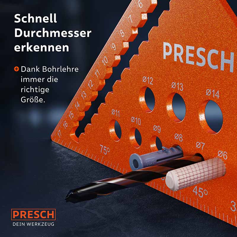 PRESCH timmermansvierkant 180mm met geïntegreerde boorlehr voor nauwkeurig werk en exacte metingen