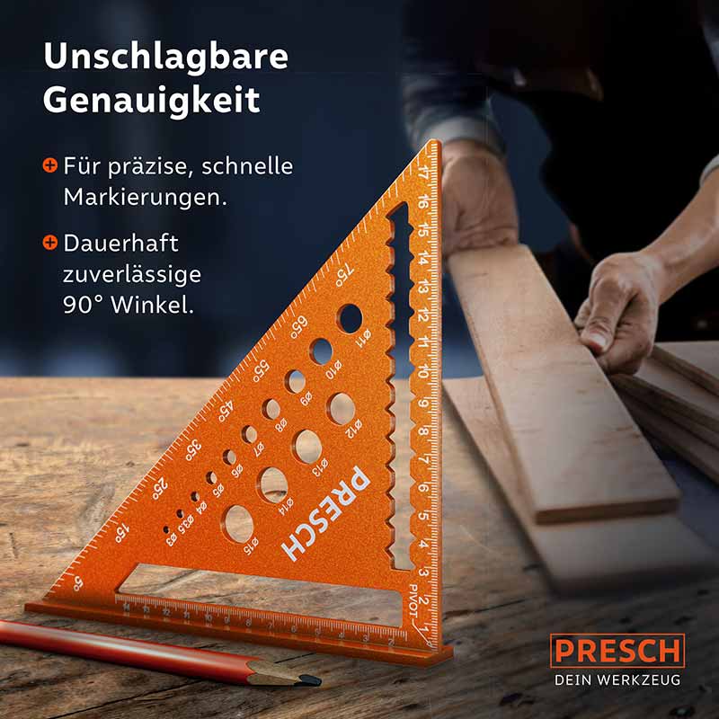 Presch Zimmermannswinkel 180mm met boorlepel voor precieze houtbewerking en hoekmeting.
