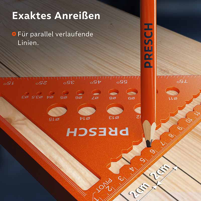 PRESCH Timmermanshoek 180mm met geïntegreerde boorliniaal voor nauwkeurige metingen en markeringen op hout.