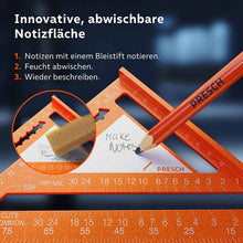 PRESCH Zimmermannswinkel 180mm mit innovativer abwischbarer Notizfläche und Bleistift zum Markieren und Messen.