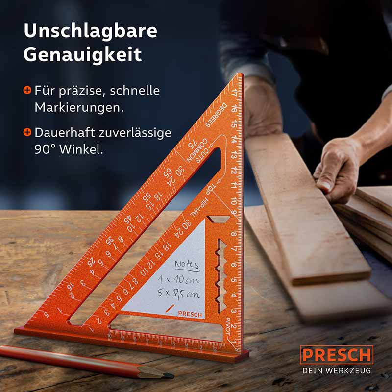 PRESCH Zimmermannswinkel 180 mm met notitieoppervlak en maatschaal, gebruikt voor nauwkeurige houtbewerking en timmerwerk