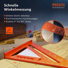 PRESCH Zimmermannswinkel 180mm mit Notizfläche für präzise Winkelmessung und Anreißhilfe auf Holzuntergrund.