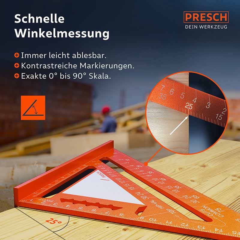 PRESCH timmanshoek 180mm met notitieblad voor nauwkeurige hoeksmeting en aftekenhulp op houten ondergrond.