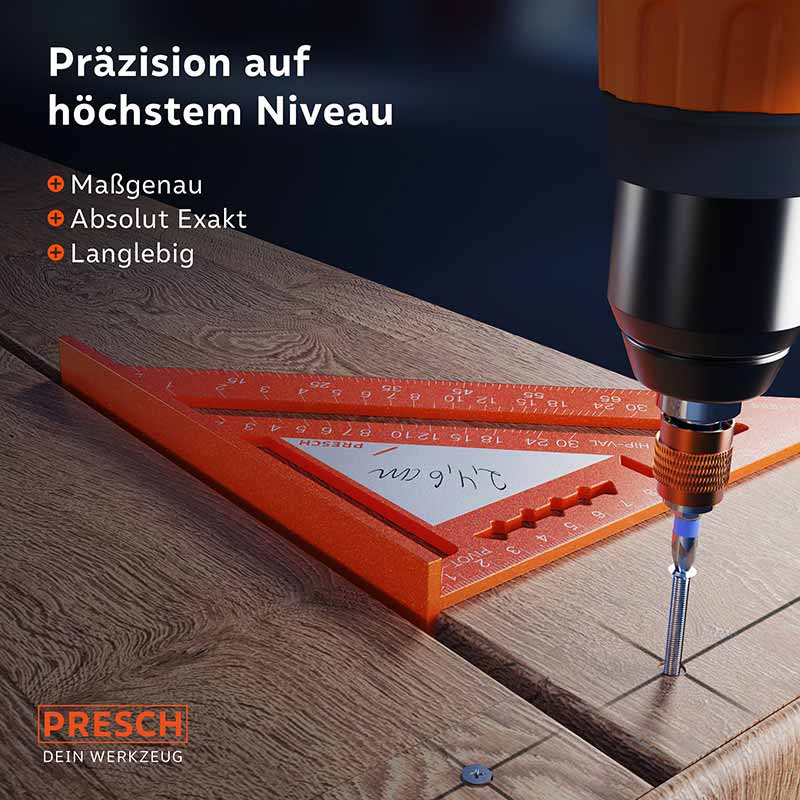 PRESCH timmermanshoek 180mm met notitieblad voor precieze markeringen en hoekenmetingen op houten oppervlak