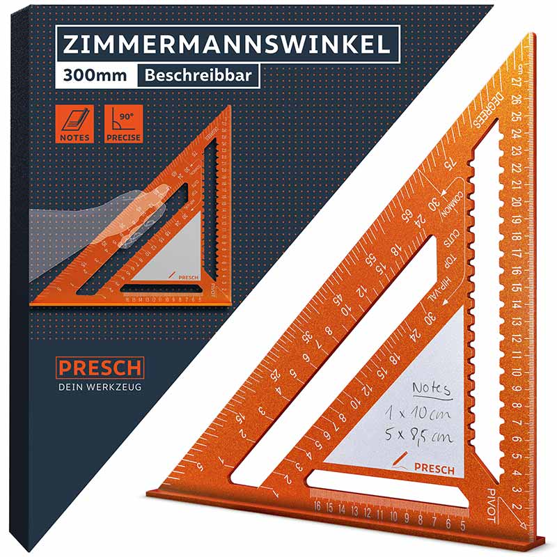 PRESCH timmermanshoek 300mm met notitieoppervlak, timmermanshoek voor houtbewerking en nauwkeurige markeringen.