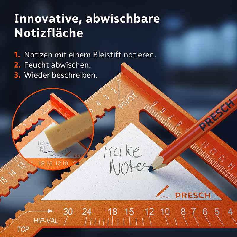 PRESCH Zimmermannswinkel 300mm mit innovativer, abwischbarer Notizfläche und Bleistift zum Anzeichnen.