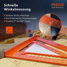 PRESCH timmermanshoek 300mm met notitieblad en duidelijk zichtbare schaalverdeling voor precieze hoekmeting en aftekenen op hout.