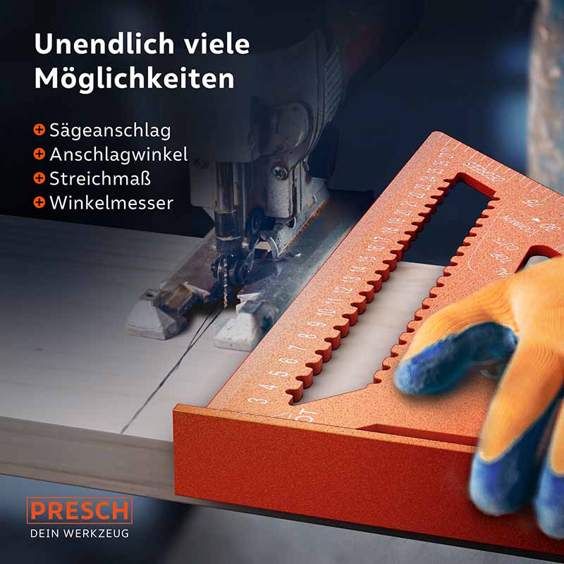 PRESCH timmermansvierkant 300mm met notitieoppervlak en handvat, gebruikt als aanslaghoek en streekmaat in de houtbewerking.