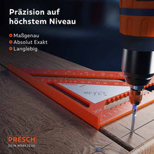 PRESCH timmermanshoek 300mm met notitieblad en geïntegreerde maatschaal, weergegeven naast een accuboormachine op houten ondergrond