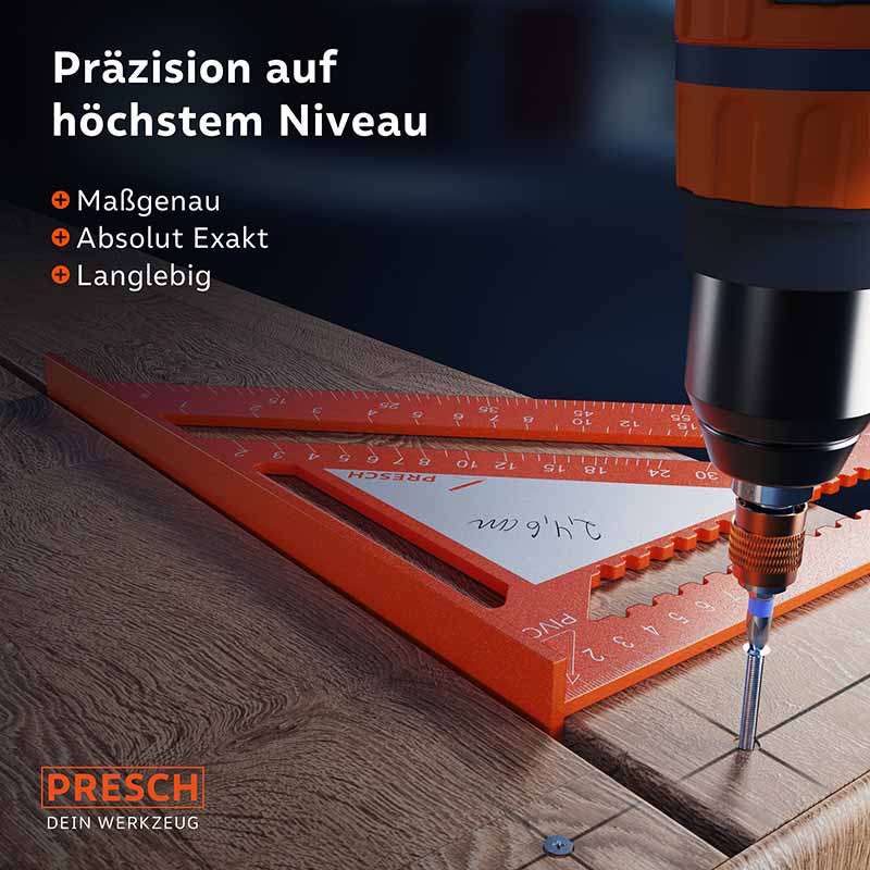 PRESCH timmermanshoek 300mm met notitieblad en geïntegreerde maatschaal, weergegeven naast een accuboormachine op houten ondergrond