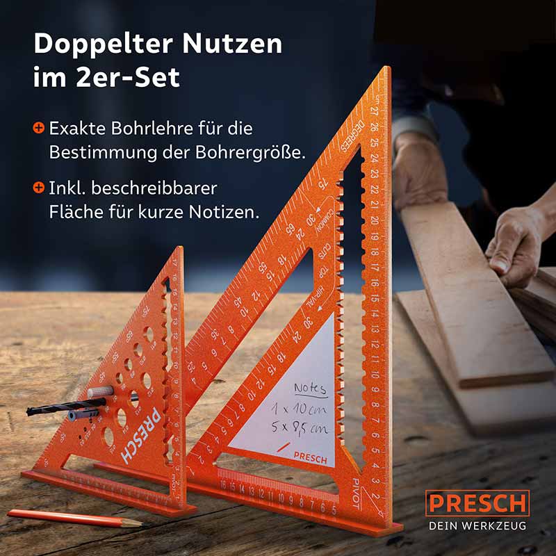 PRESCH timmermanshoekset met 180 mm en 300 mm, inclusief markeer- en meetfuncties voor houtbewerking.