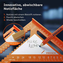 Zimmermannswinkel-Set von Presch in 180mm und 300mm mit abwischbarer Schreibfläche für Notizen und präziser Messfunktion.