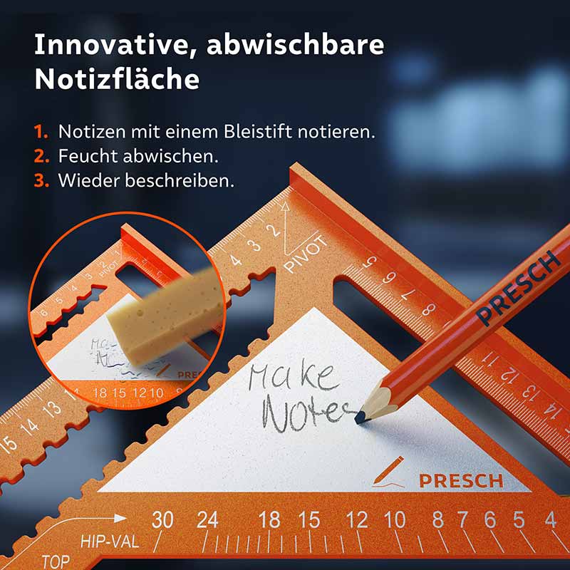 Zimmermannswinkel-Set von Presch in 180mm und 300mm mit abwischbarer Schreibfläche für Notizen und präziser Messfunktion.