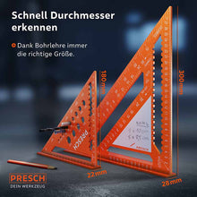 PRESCH timmermanshoekset met 180 mm en 300 mm aanslaghoek en maatschaal, ideaal voor nauwkeurig werken en meten in de timmerwerkplaats en op bouwplaatsen.