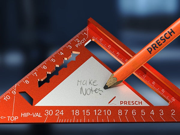 Presch Zimmermannswinkel 180mm mit Bleistift und Notizzettel, Schreinerwinkel, Tischlerwerkzeug.