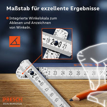 PRESCH mètre ruban 3 m en bleu avec indications de mesures et échelle d’angle intégrée sur fond en bois.