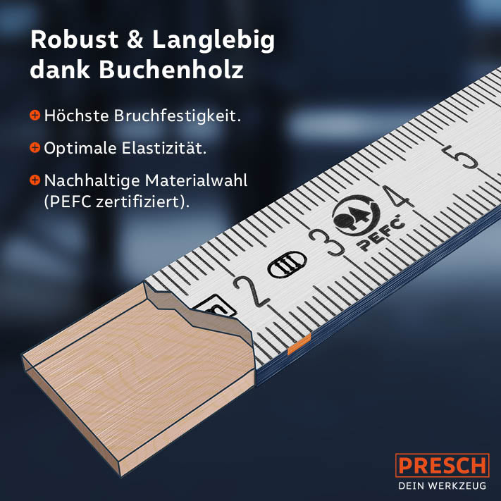 Der Querschnitt des Zollstocks zeigt das Buchenholzinnere und die PEFC-Zertifizierung für nachhaltige Materialwahl.