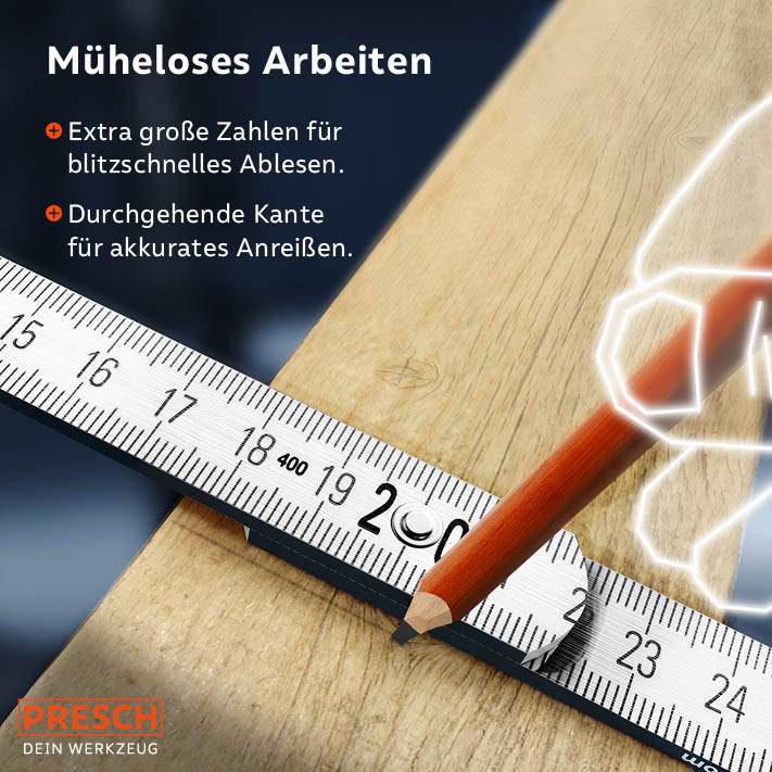 PRESCH mètre ruban de 3 m en bleu à côté d'un stylo sur surface en bois pour mesurer et tracer avec précision.
