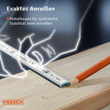 PRESCH mètre ruban 3 m en bleu sur surface en bois à côté d’un crayon pour des travaux de marquage précis.