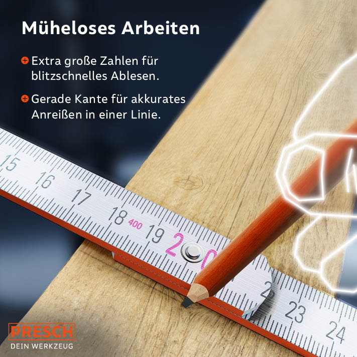 PRESCH Zollstock 2m ausgeklappt auf Holzoberfläche mit sichtbaren großen Ziffern für präzise Messungen und Markierungen.