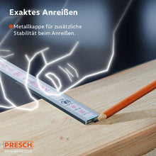 PRESCH Zollstock 2m für präzise Messungen und Markierungen, mit Metallkappe für Stabilität, auf Holzuntergrund neben Bleistift.
