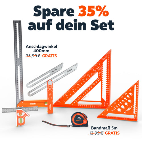 PRESCH Anreiß-Komplettset: Spare 35 % auf dein Set, Anschlagwinkel 400 mm und Bandmaß 5 m gratis