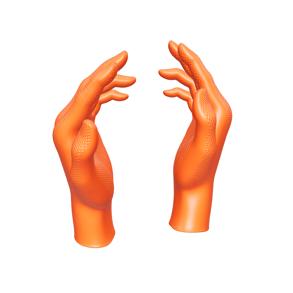 Interaktives 3D-Modell eines orangenen Nitrilhandschuhs Heavy Duty zur Detailansicht von Textur und Passform aus allen Winkeln.
