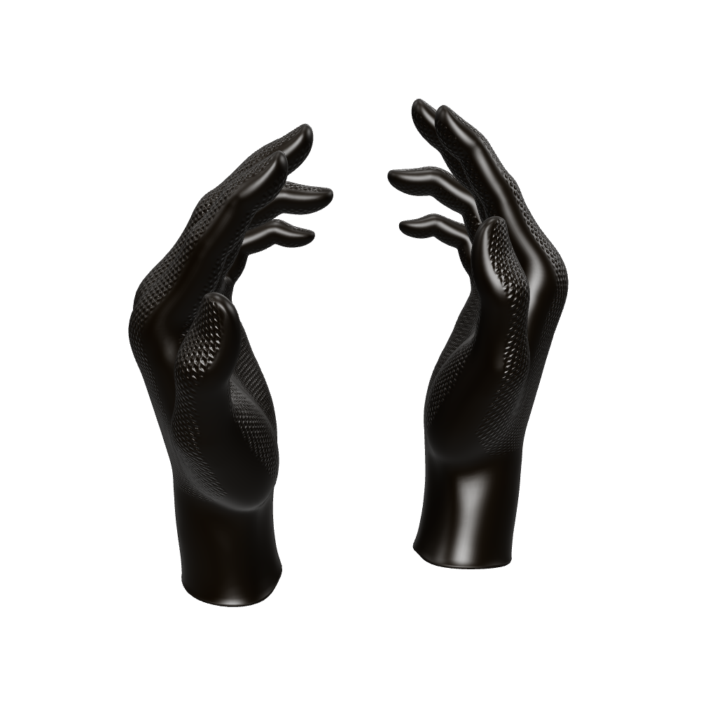 Interaktives 3D-Modell eines schwarzen Nitrilhandschuhs Heavy Duty zur Detailansicht von Textur und Passform aus allen Winkeln.
