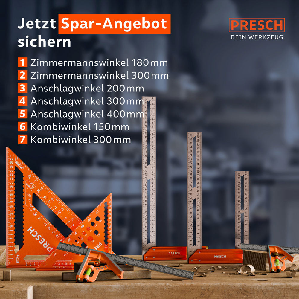 Sieben Winkel und Messwerkzeuge sind für das aktuelle Spar-Angebot auf einer Werkbank drapiert.