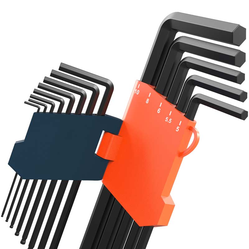 Jeu de clés Allen PRESCH avec différentes tailles dans des supports, noir et orange, pour un travail de précision