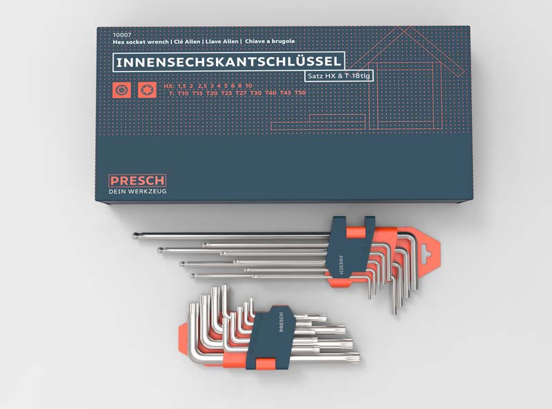 PRESCH Innensechskantschlüssel Set mit unterschiedlichen Größen, verpackt in einer blauen Box, inklusive Inbusschlüssel und Sechskantschlüssel.