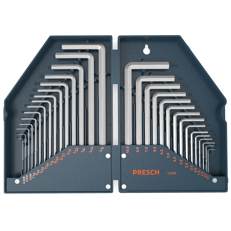 Jeu de clés Allen PRESCH métriques et en pouces, logé dans un support pliable compact.