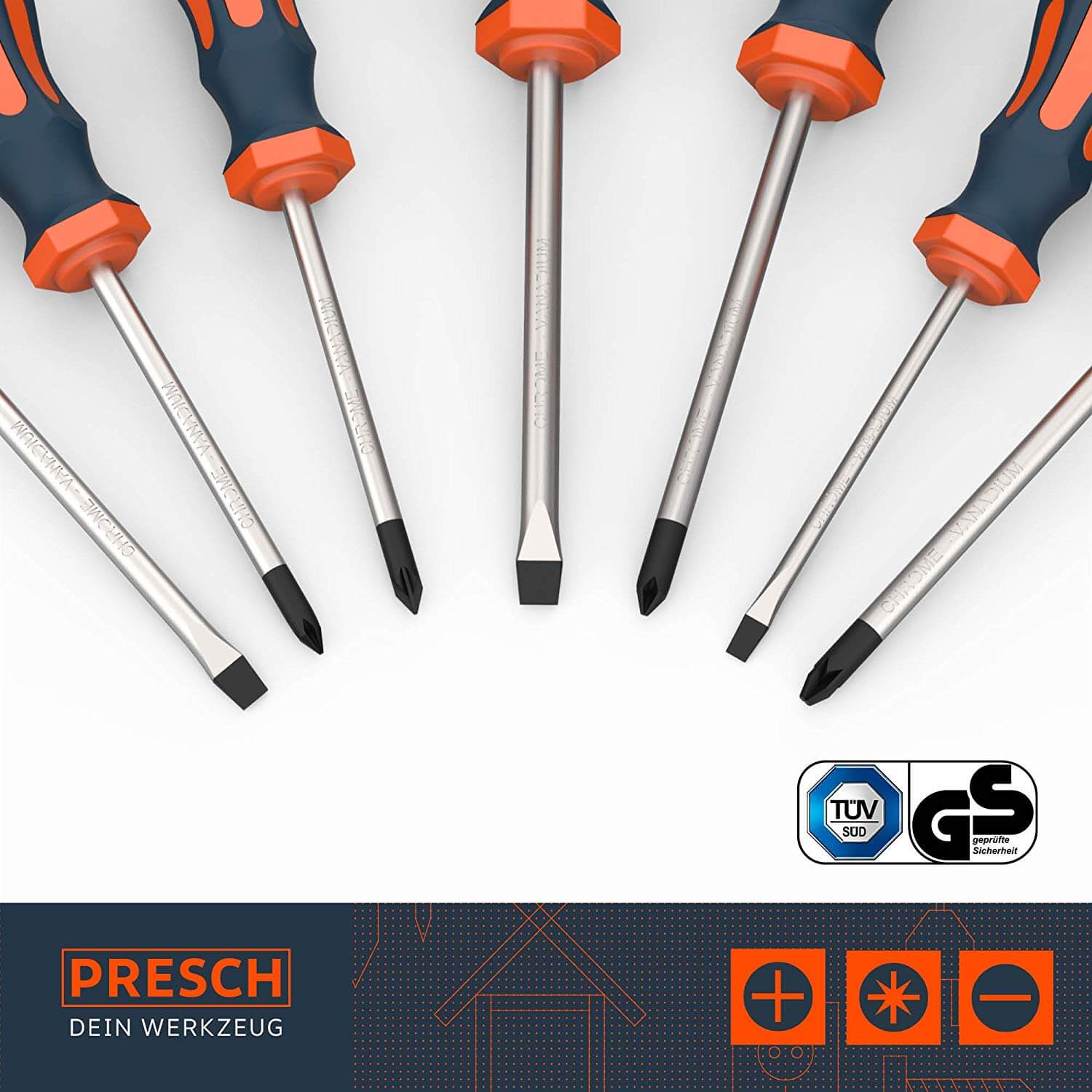 PRESCH Schraubendreher Set mit TÜV-Zeichen, verschiedene Typen von Schraubenziehern, hochwertige Werkzeugkollektion.