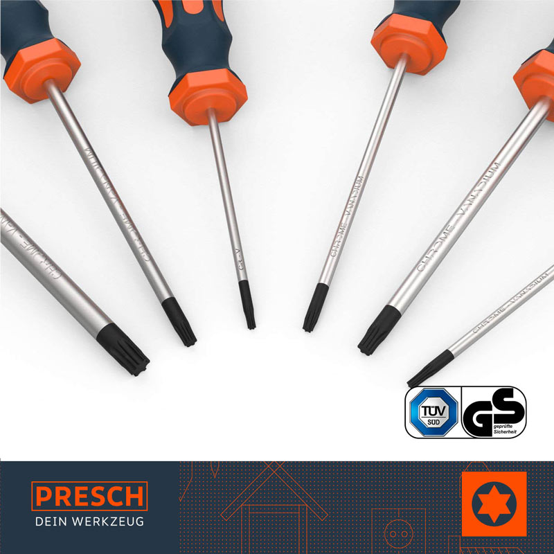 Hochwertige PRESCH Schraubendreher verschiedener Größen mit ergonomischem Griff und präzisen Spitzen, isolierte Werkzeuge für sicheres Arbeiten.