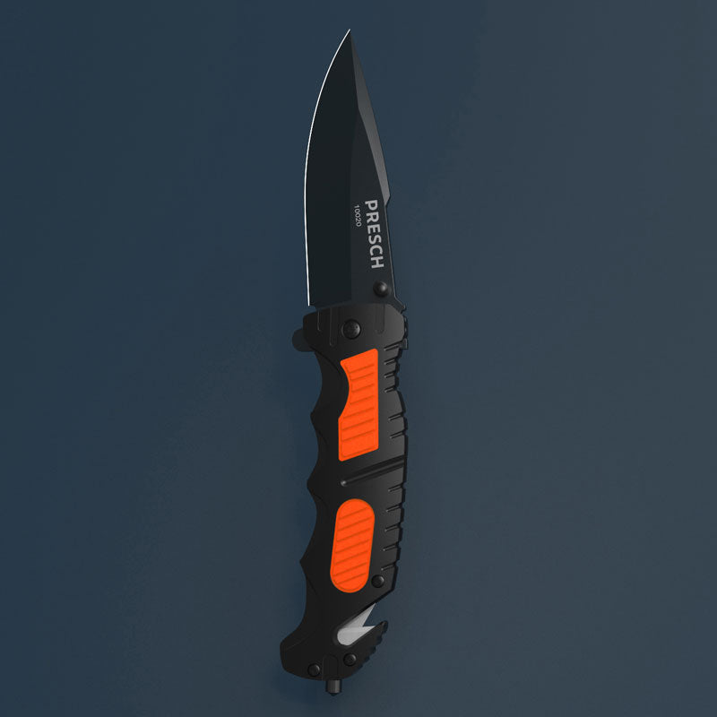 PRESCH Klappmesser mit ergonomischem Griff und Einhandöffnung, hochwertiges Taschenmesser in Schwarz mit orangefarbenen Akzenten