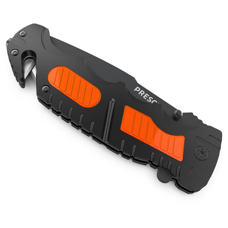PRESCH Rettungsmesser mit Gurtschneider und Glasbrecher in Schwarz-Orange